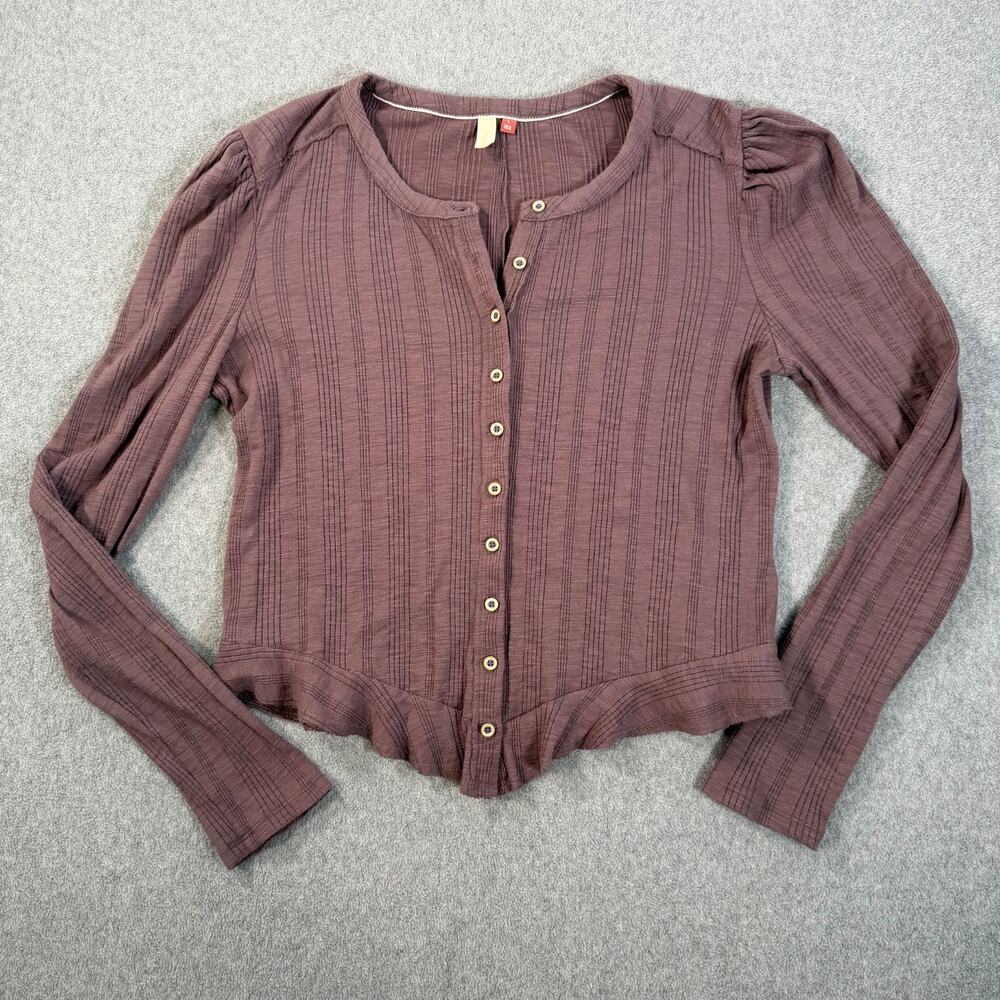 Anthropologie Plum Ribbed Button-Front Long Sleeve Top